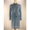 fashion tencel denim fabric belt ladies shirt dress